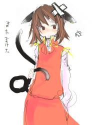 Rule 34 | 1girl, animal ears, bandaid, brown eyes, brown hair, cat ears, cat girl, cat tail, chen, earrings, female focus, jewelry, multiple tails, nasubi, short hair, sketch, skirt, solo, tail, torn clothes, touhou, translated, white background