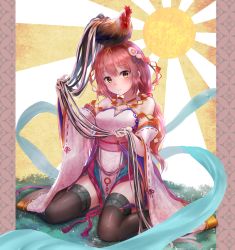 Rule 34 | 1girl, animal, animal on head, bird, black thighhighs, brown eyes, chicken, china dress, chinese clothes, chinese zodiac, dress, hair ornament, kachayori, long hair, looking at viewer, on head, original, red hair, ribbon-trimmed sleeves, ribbon trim, rooster, sash, side slit, sitting, solo, sunburst, tabard, thighhighs, wariza, wide sleeves, year of the rooster