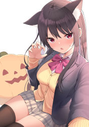 Rule 34 | 1girl, animal ear fluff, animal ears, black hair, black jacket, black thighhighs, blazer, blush, bow, bowtie, breasts, cardigan, cat ears, commentary request, halloween, jacket, long hair, looking at viewer, medium breasts, nekokobushi, open mouth, original, plaid, plaid skirt, pleated skirt, pumpkin, red bow, red eyes, school uniform, simple background, skirt, sleeves past wrists, solo, thighhighs, white background, yellow cardigan