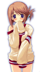 Rule 34 | 00s, 1girl, blue eyes, blush, bottomless, brown hair, covering crotch, covering face, covering own mouth, covering privates, cowboy shot, folded ponytail, hair ornament, hairclip, hands in opposite sleeves, komaki manaka, kyogoku shin, long sleeves, looking at viewer, off shoulder, oversized clothes, sleeves past fingers, sleeves past wrists, solo, tears, to heart (series), to heart 2