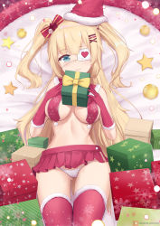 Rule 34 | 1girl, akai haato, bauble, blonde hair, blue eyes, box, breast curtains, breasts, christmas, christmas ornaments, eyepatch, fur-trimmed gloves, fur-trimmed legwear, fur trim, gift, gift box, gloves, gluteal fold, hat, highres, hololive, joko jmc, long hair, lying, medical eyepatch, microskirt, navel, no bra, on back, panties, red gloves, red thighhighs, santa hat, short twintails, skirt, smile, snowflakes, solo, star (symbol), thighhighs, twintails, underwear, virtual youtuber, white panties