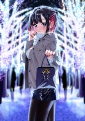 Rule 34 | 1girl, bag, black hair, black nails, black pantyhose, black skirt, blue eyes, blurry, blurry background, blush, breasts, breath, buttons, chigusa minori, cleavage cutout, clothing cutout, coat, commentary, cowboy shot, frills, hairstyle request, highres, holding, holding bag, looking at viewer, medium breasts, miniskirt, multicolored hair, open clothes, open coat, pantyhose, paper bag, pocket, pov, purple hair, ribbon, scarf, shino to ren, shirayuki ren, shirt, sidelocks, skirt, smile, solo, solo focus, stone floor, tree, two-tone hair, white shirt