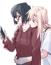 Rule 34 | arm around waist, black hair, blonde hair, brown eyes, commentary, drawstring, egakuning, english commentary, glasses, hand on another&#039;s shoulder, highres, holding, holding phone, hood, hoodie, kamikoshi sorawo, long hair, looking at another, nishina toriko, open mouth, phone, photo-referenced, red hoodie, shirt, short hair, short sleeves, simple background, smile, transparent hand, urasekai picnic, white background, white shirt