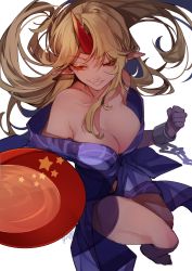 Rule 34 | 1girl, absurdres, alcohol, bare shoulders, barefoot, blonde hair, blue kimono, breasts, cleavage, clenched hand, collarbone, commentary request, cup, highres, holding, holding cup, horns, hoshiguma yuugi, hoshiguma yuugi (kimono), japanese clothes, kimono, large breasts, long hair, pointy ears, red eyes, red horns, risui (suzu rks), sakazuki, sake, signature, single horn, solo, touhou
