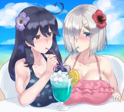 Rule 34 | 10s, 2girls, ahoge, bikini, black hair, blue eyes, blush, breasts, brown eyes, cleavage, cocktail, drink, drinking straw, eyes visible through hair, flower, food, frilled swimsuit, frills, fruit, hair flower, hair ornament, hair over one eye, hairclip, hamakaze (kancolle), hibiscus, highres, huge breasts, kantai collection, long hair, looking at viewer, md5 mismatch, mizuumi (bb), multiple girls, one-piece swimsuit, orange (fruit), orange slice, polka dot, polka dot swimsuit, short hair, silver hair, swimsuit, ushio (kancolle), yuri