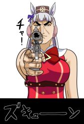 Rule 34 | animal ears, blue hair bow, bow, cosplay, duke tougou, gold ship (umamusume), gold ship (umamusume) (cosplay), golgo 13, grey hair, gun, holding, holding gun, holding weapon, horse ears, horse girl, long hair, name connection, o-ring, pillbox hat, pointing gun, purple eyes, red bow, simple background, sleeveless, sound effects, umamusume, upper body, weapon, white background