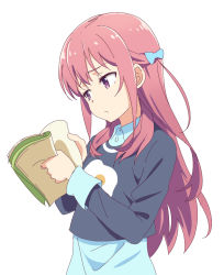 Rule 34 | 1girl, book, brown hair, clip studio paint (medium), collared shirt, egg, focused, frown, girlish number, holding, holding book, karasuma chitose (girlish number), long hair, purple eyes, reading, shirt, simple background, solo, tomato (lsj44867), turning page, white background