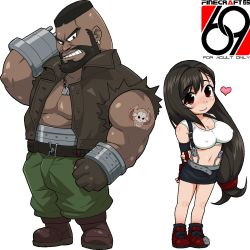 Rule 34 | 1990s (style), 1boy, 1girl, arm cannon, barret wallace, beard, breasts, brown hair, chibi, covered erect nipples, crop top, dark-skinned male, dark skin, elbow gloves, facial hair, final fantasy, final fantasy vii, fingerless gloves, gloves, grin, heart, highres, impossible clothes, impossible shirt, isako rokurou, long hair, low-tied long hair, midriff, miniskirt, pencil skirt, red eyes, retro artstyle, shirt, skirt, smile, suspender skirt, suspenders, tank top, tattoo, tifa lockhart, transparent background, weapon