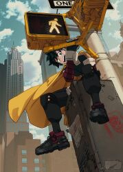 1boy :d arm_up between_legs black_footwear black_pants boku_no_hero_academia bracer building cape cityscape cloud cloudy_sky commentary english_commentary freckles gloves green_eyes green_hair hand_between_legs highres male_focus marvel midoriya_izuku one_way_sign open_mouth pants pedestrian_crossing_sign shapooda shoelaces shoes sitting sky smile solo spider-man_(series) superhero_costume twitter_username yellow_cape