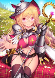 Rule 34 | 10s, 1girl, armor, black thighhighs, blonde hair, blush, breasts, cleavage, glasses, holding, holding staff, large breasts, looking at viewer, luminous mage, navel, pink eyes, rimless eyewear, shadowverse, shingeki no bahamut, sitting, smile, solo, staff, thighhighs, yoshiheihe