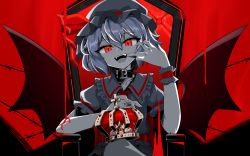 Rule 34 | 1girl, 5cmremilia, :d, ambiguous red liquid, barbed wire, bat wings, black collar, collar, collared shirt, crown, fangs, finger in own mouth, frilled shirt collar, frilled sleeves, frills, hair between eyes, hat, hat ribbon, highres, holding, holding crown, king (vocaloid), limited palette, mob cap, open mouth, puffy short sleeves, puffy sleeves, red background, red eyes, red ribbon, red theme, remilia scarlet, ribbon, shirt, short hair, short sleeves, sitting, slit pupils, smile, throne, touhou, vocaloid, wings, wrist cuffs