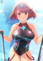 Rule 34 | 1girl, artist name, bad id, bad pixiv id, blush, breasts, brown eyes, brown hair, chinchongcha, competition swimsuit, covered navel, gem, headpiece, highres, large breasts, looking at viewer, nintendo, one-piece swimsuit, outdoors, pool, pyra (pro swimmer) (xenoblade), pyra (xenoblade), short hair, smile, swept bangs, swimsuit, xenoblade chronicles (series), xenoblade chronicles 2