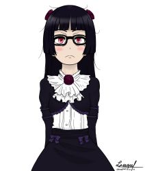 Rule 34 | 1girl, arms behind back, artist name, bespectacled, black dress, black hair, blush, breasts, closed mouth, dated, dot nose, dress, emergence (shindol), eyebrows, female focus, flower, glasses, gokou ruri, hair flower, hair ornament, highres, hime cut, leluxs, long hair, long sleeves, looking at viewer, mole, mole under eye, ore no imouto ga konna ni kawaii wake ga nai, red eyes, ribbon, self-upload, signature, simple background, small breasts, solo, standing
