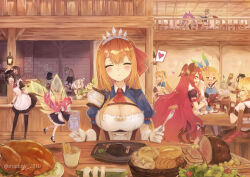 Rule 34 | 6+girls, ahoge, anger vein, animal ears, apron, ascot, basket, black hair, blonde hair, blush, bow, bread bun, breasts, brown hair, carrot, cat ears, cat girl, character request, chest strap, chicken (food), cleavage, cleo (dragalia lost), closed eyes, collared shirt, commentary, cup, detached sleeves, dragalia lost, eating, elbow gloves, elisanne, fairy, fairy wings, fingerless gloves, food, fork, gloves, green eyes, hair bow, heart, holding, holding fork, holding tray, horns, indoors, kokkoro (princess connect!), lantern, large breasts, long hair, maid headdress, meat, mini person, minigirl, multiple girls, mym (dragalia lost), neck ribbon, nose blush, notte (dragalia lost), onigiri, open mouth, orange hair, pecorine (princess connect!), pink hair, plate, pointy ears, ponytail, princess connect!, puffy short sleeves, puffy sleeves, purple hair, red eyes, red hair, restaurant, ribbon, salad, shadow2810, shirt, short hair, short sleeves, sitting, sleeveless, sleeveless shirt, smile, socks, solo focus, speech bubble, spoken heart, steak, table, tavern, thighhighs, tiara, tray, tripping, twintails, underbust, very long hair, waitress, white hair, wings, wrist cuffs