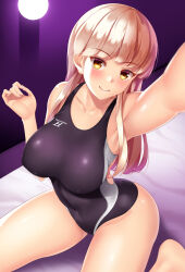 Rule 34 | 1girl, armpits, bare shoulders, bed, bed sheet, bedroom, black one-piece swimsuit, blonde hair, blush, breasts, closed mouth, collarbone, competition swimsuit, covered navel, fingernails, foreshortening, from above, hand up, huyumitsu, indoors, large breasts, long hair, looking at viewer, nose blush, on bed, one-piece swimsuit, original, outstretched arm, photoshop (medium), reaching, reaching towards viewer, shiny skin, sidelocks, sitting, smile, solo, swimsuit, wariza, yellow eyes