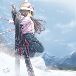 Rule 34 | 10s, 1girl, 2017, alternate costume, black hair, coat, commentary request, dated, day, gloves, goggles, goggles on head, gurifu, haruna (kancolle), hat, kantai collection, long hair, long sleeves, looking at viewer, outdoors, signature, skis, sky, snow, solo, winter clothes