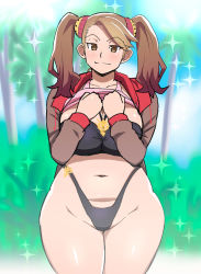Rule 34 | 10s, 1girl, belly, bikini, bikini under clothes, black bikini, blush, breasts, cleavage, curvy, gundam, gundam build fighters, gundam build fighters try, hands on own chest, large breasts, long hair, looking at viewer, navel, plump, sazaki kaoruko, sparkle, swimsuit, swimsuit under clothes, tetrodotoxin, thick thighs, thighs, wide hips