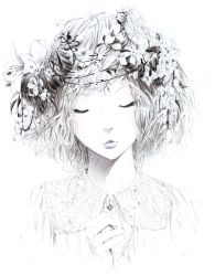 Rule 34 | 1girl, closed eyes, eyelashes, flower, head wreath, highres, lips, monochrome, original, own hands clasped, own hands together, portrait, solo, sousou (sousouworks), wreath