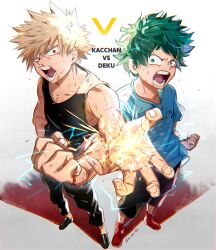 Rule 34 | 2boys, anezu, bakugou katsuki, bare arms, bare shoulders, black footwear, black pants, black tank top, blonde hair, blood, blood on face, blue shirt, blurry, boku no hero academia, character name, chromatic aberration, clenched hand, collarbone, commentary, cross-laced footwear, cuts, depth of field, electricity, fingernails, floating clothes, foreshortening, freckles, from above, full body, furrowed brow, green eyes, green hair, green pupils, hand up, injury, instagram username, looking at viewer, looking to the side, male focus, midoriya izuku, multiple boys, muscular, muscular male, nosebleed, open mouth, outstretched arm, outstretched hand, pants, pectoral cleavage, pectorals, pixiv username, red eyes, red footwear, scar, scar on arm, scar on hand, scratches, serious, shadow, shirt, shoes, short hair, short sleeves, shorts, side-by-side, sideways glance, single horizontal stripe, sleeveless, sneakers, sparks, spiked hair, spoilers, standing, symmetrical pose, t-shirt, tank top, twitter username, uneven eyes, v-shaped eyebrows, vs, white background