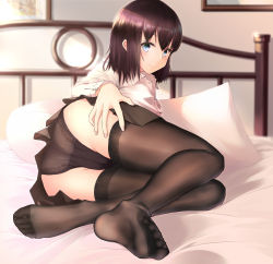 Rule 34 | 1girl, ass, bed, black panties, black thighhighs, blue eyes, blurry, blush, brown hair, cameltoe, crotch seam, depth of field, dress shirt, feet, fingernails, foot focus, foreshortening, hand on own thigh, highres, indoors, knees together feet apart, lingerie, looking at viewer, lying, nail polish, on bed, on side, original, panties, pillow, pink nails, pleated skirt, puriketsu corgy, school uniform, shirt, skirt, soles, solo, sunlight, thighhighs, toes, underwear