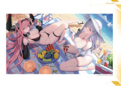 Rule 34 | 2girls, animal, azur lane, bare shoulders, barefoot, beach, bikini, bird, blue sky, boat, breasts, can, cellphone, character name, cherry, cleavage, cooler, cross, day, drink can, food, fruit, grapes, hair ornament, hairband, hairclip, hat, highres, holding, holding food, holding spoon, horns, ice, ice cream, iron cross, kiwi (fruit), large breasts, long hair, looking at viewer, manjuu (azur lane), medium breasts, multiple girls, non-web source, ocean, official art, outdoors, page number, phone, pineapple, pink hair, plymouth (azur lane), prinz rupprecht (azur lane), purple eyes, sand, sandals, scrunchie, shadow, sitting, sky, sleeping, smile, soda can, spoon, strawberry, sun hat, sundae, sweat, sweatdrop, swimsuit, thigh strap, thighs, toes, tongue, tongue out, very long hair, wariza, water, watercraft, watermelon, watermelon slice, wrist scrunchie, yuri (chocho q)
