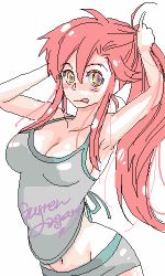 Rule 34 | 00s, 1girl, :q, armpits, bare shoulders, breasts, casual, cleavage, female focus, long hair, lowres, midriff, navel, oekaki, ponytail, red hair, solo, tengen toppa gurren lagann, tongue, tongue out, white background, yellow eyes, yoko littner