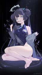 Rule 34 | absurdres, bare legs, black hair, blue archive, blue eyes, breasts, bulaimeituya, butterfly hair ornament, china dress, chinese clothes, double bun, dragon print, dress, feet, glove in mouth, gloves, hair bun, hair ornament, highres, kisaki (blue archive), legs, long hair, looking at viewer, mouth hold, no panties, off shoulder, petite, side slit, sitting, small breasts, thighs, twintails, yokozuwari