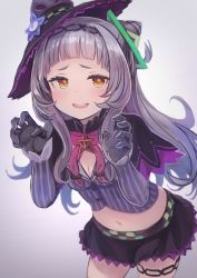 Rule 34 | 1girl, black gloves, blunt bangs, breasts, brown eyes, claw pose, cleavage, cleavage cutout, clothing cutout, commission, enumiyaa, flower, gloves, grey background, hair bun, hat, hat flower, highres, hololive, leaning forward, long hair, murasaki shion, murasaki shion (1st costume), open hands, pinstripe pattern, pinstripe shirt, shirt, silver hair, single hair bun, single side bun, skeb commission, skirt, small breasts, solo, striped clothes, striped shirt, vertical-striped clothes, vertical-striped shirt, virtual youtuber, witch, witch hat