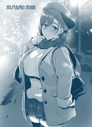 Rule 34 | 1girl, absurdres, bag, blue theme, blush, braid, breasts, closed mouth, coat, cowboy shot, hat, highres, huge breasts, juukon sentai juusoldier (takeda hiromitsu), long sleeves, looking at viewer, miniskirt, mole, mole under eye, monochrome, open clothes, open coat, original, pleated skirt, recording, sakurama kosaki (juukon sentai juusoldier), shoulder bag, skirt, smile, solo, sweater, takeda hiromitsu, textless version, thighs, timestamp