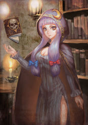 Rule 34 | 1girl, aako, alternate costume, arm at side, blunt bangs, book, bookshelf, breasts, brown eyes, candle, candlestand, cleavage, cloak, cowboy shot, crescent, crescent hair ornament, dress, eyelashes, female focus, floating, hair ornament, hair ribbon, highres, hood, hooded cloak, large breasts, levitation, long sleeves, looking at viewer, parted lips, patchouli knowledge, purple hair, ribbon, runes, side slit, sidelocks, skull, solo, standing, striped clothes, striped dress, table, touhou, tress ribbon, vertical stripes