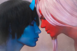 Rule 34 | 10s, 1boy, 1girl, black hair, blu horns, blue skirt, closed eyes, colored skin, cosplay, couple, darling in the franxx, face-to-face, facing another, forehead-to-forehead, heads together, hetero, hiro (darling in the franxx), hiro (darling in the franxx) (cosplay), horns, long hair, looking at another, oni horns, photo (medium), pink hair, red horns, red skin, short hair, skirt, zero two (darling in the franxx), zero two (darling in the franxx) (cosplay)