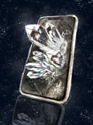Rule 34 | apple inc., blue background, cellphone, cocon (cocon q), commentary request, crack, crystal, diamond (gemstone), glint, highres, iphone, iphone x, light particles, no humans, phone, reflection, smartphone, star (sky), still life