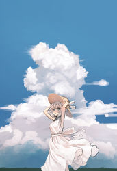 Rule 34 | 1girl, arms up, bare arms, blue eyes, blue sky, breasts, brown hat, closed mouth, cloud, commentary request, day, dress, hands on headwear, hat, highres, light smile, looking at viewer, looking to the side, original, outdoors, ryokucha manma, silver hair, sky, sleeveless, sleeveless dress, small breasts, solo, standing, sun hat, white dress