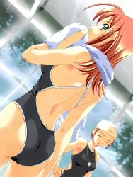 Rule 34 | 2girls, absurdres, ass, back, backboob, backless swimsuit, breasts, closed eyes, competition school swimsuit, crossback, from behind, green eyes, hand on own hip, highres, kimi ga nozomu eien, large breasts, legs, long hair, looking at viewer, looking back, medium breasts, multiple girls, one-piece swimsuit, red hair, school swimsuit, smile, solo, suzumiya akane, swimsuit, thighs, towel, wet, whistle, whistle around neck