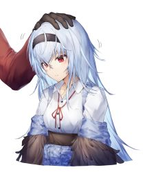 Rule 34 | 1girl, black gloves, black hairband, blue hair, blush, breasts, camouflage, closed mouth, collarbone, collared shirt, commentary, dabuki, eyes visible through hair, girls&#039; frontline, gloves, hair between eyes, hairband, hand on another&#039;s head, head pat, headpat, highres, long hair, long sleeves, looking down, medium breasts, red eyes, red ribbon, red sleeves, ribbon, shirt, simple background, solo focus, thunder (girls&#039; frontline)