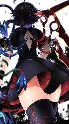 Rule 34 | 1girl, asymmetrical wings, back, back cutout, black dress, black hair, black thighhighs, clothing cutout, cowboy shot, dress, floral print, from behind, from below, highres, houjuu nue, rihito (usazukin), short dress, short sleeves, shoulder blades, simple background, snake, solo, standing, thighhighs, thighs, touhou, white background, wings, zettai ryouiki