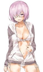 Rule 34 | 1girl, alternate costume, bikini, black-framed eyewear, breasts, casual, collarbone, cowboy shot, fate/grand order, fate (series), glasses, hair over one eye, highres, hood, hooded track jacket, jacket, looking at viewer, mash kyrielight, medium breasts, midriff, open clothes, open jacket, open mouth, purple eyes, purple hair, short hair, side-tie bikini bottom, solo, stomach, swimsuit, thighs, track jacket, unzipped, white bikini, yakitomato