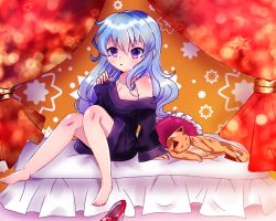 Rule 34 | 1girl, animal, artist request, bare legs, bare shoulders, bed, beyblade, beyblade: burst, blue hair, cat, character request, curtains, dress, full body, long sleeves, looking at viewer, off shoulder, on bed, purple dress, purple eyes, purple sweater, self-upload, shoes, unworn shoes, single bare shoulder, sitting, solo, source request, star (symbol), sweater, sweater dress