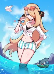 Rule 34 | 1girl, alternate eye color, bikini, bikini under clothes, black bikini, blonde hair, blue eyes, blue sky, bracelet, breasts, bubble, cleavage, closed mouth, cloud, creatures (company), crop top, cynthia (pokemon), day, dolphin shorts, eyewear on head, game freak, gen 4 pokemon, gible, hair ornament, hair over one eye, hand on own hip, hand up, heart, highres, innertube, jewelry, large breasts, lips, long hair, long sleeves, looking at viewer, nintendo, outdoors, pokemon, pokemon dppt, shirt, short shorts, shorts, sky, sleeves rolled up, smile, striped clothes, striped shorts, sunglasses, swim ring, swimsuit, tied shirt, togekiss, touyarokii, twitter username, very long hair, wading, water, white shirt