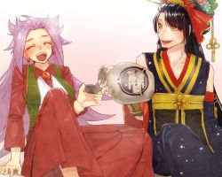 Rule 34 | 10s, 1boy, 1girl, ^ ^, alcohol, bad id, bad pixiv id, black hair, blush, choko (cup), closed eyes, crossover, cup, detached sleeves, earrings, closed eyes, flower, gourd, hair flower, hair ornament, hakama, hakama skirt, headdress, japanese clothes, jewelry, jirou tachi, jun&#039;you (kancolle), kantai collection, open mouth, pouring, purple hair, red hakama, remodel (kantai collection), sake, sitting, skirt, smile, touken ranbu, trait connection, vivi-t (akagami), yellow eyes