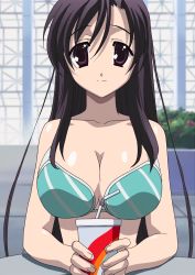 Rule 34 | 00s, 1girl, absurdres, bikini, black hair, blue bikini, breasts, cleavage, drink, happy, highres, katsura kotonoha, large breasts, long hair, looking at viewer, school days, screencap, smile, solo, stitched, swimsuit, third-party edit
