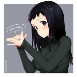 Rule 34 | 1girl, batsu, black eyes, black hair, blush, breasts, commentary request, copyright request, fingernails, green sweater, grey background, hands up, highres, large breasts, long sleeves, parted lips, shadow puppet, simple background, twitter username, upper body