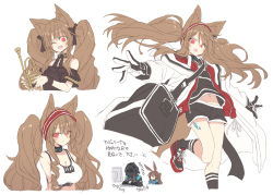 Rule 34 | 1other, 2girls, ambience synesthesia, ambiguous gender, amiya (arknights), angelina (arknights), animal ears, arknights, black bow, black collar, black dress, black gloves, black shirt, black shorts, black socks, blush, bow, breasts, cleavage, coat, collar, cropped legs, curly hair, doctor (arknights), dress, extra ears, foot out of frame, fox ears, fox girl, fox tail, gloves, hair bow, hairband, infection monitor (arknights), instrument, large breasts, leg up, long hair, looking at viewer, midriff, multiple girls, multiple views, off-shoulder dress, off shoulder, official alternate costume, open clothes, open coat, rabbit ears, rabbit girl, red eyes, red hairband, satou kibi, shirt, short shorts, shorts, socks, sports bra, sweatdrop, tail, translation request, trumpet, twintails, white coat, white sports bra