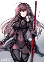 Rule 34 | 1girl, armor, bodysuit, character name, copyright name, covered navel, fate/grand order, fate (series), highres, karlwolf, polearm, purple bodysuit, purple hair, red eyes, scathach (fate), scathach (fate), solo, spear, weapon