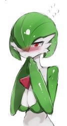 Rule 34 | 1girl, absurdres, averting eyes, blush, bob cut, breasts, cleavage, collarbone, colored skin, covered mouth, covering own mouth, creatures (company), embarrassed, female focus, flying sweatdrops, game freak, gardevoir, gen 3 pokemon, green hair, green skin, hair over one eye, half-closed eyes, hand to own mouth, hands up, highres, large breasts, looking to the side, multicolored skin, my700, nervous, nintendo, nose blush, one eye covered, own hands together, pokemon, pokemon (creature), red eyes, shiny skin, short hair, simple background, sketch, solo, standing, steepled fingers, sweat, two-tone skin, upper body, white background, white skin