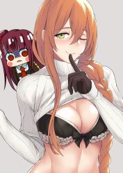 Rule 34 | 2girls, alternate costume, bbk (13zk), black bra, blazer, blush, bra, braid, breast envy, breasts, brown gloves, brown hair, chibi, chibi inset, cleavage, clothes lift, empty eyes, finger to mouth, girls&#039; frontline, gloves, green eyes, hair between eyes, hair over shoulder, hair ribbon, highres, jacket, large breasts, long hair, looking at viewer, multiple girls, necktie, one eye closed, one side up, open mouth, purple hair, red eyes, red neckwear, ribbed sweater, ribbon, ribbon-trimmed bra, shaded face, shirt, shushing, sidelocks, simple background, single braid, smile, springfield (girls&#039; frontline), sweater, sweater lift, turtleneck, turtleneck sweater, underwear, very long hair, wa2000 (girls&#039; frontline), white sweater, wide-eyed