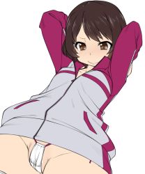 Rule 34 | 1girl, arms behind head, blush, bra, cameltoe, closed mouth, commentary request, cowboy shot, crotch seam, dutch angle, groin, jacket, long sleeves, looking at viewer, looking down, no pants, nurugamer-kouyouju, panties, purple jacket, shinmon megumi, short hair, simple background, smile, solo, standing, tomica hyper rescue drive head: kidou kyuukyuu keisatsu, track jacket, underwear, white background, white bra, white panties