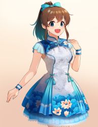 Rule 34 | 1girl, :d, blue bow, blue eyes, bow, brown background, brown hair, china dress, chinese clothes, commentary, cowboy shot, dress, floral print, frilled cuffs, gradient background, hair bow, high collar, idolmaster, idolmaster million live!, kamille (vcx68), looking at viewer, medium hair, open mouth, petticoat, ponytail, print dress, satake minako, short dress, sidelocks, sleeveless, sleeveless dress, smile, solo, standing