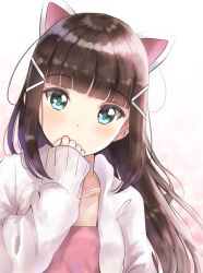 Rule 34 | 1girl, animal ears, blunt bangs, blush, brown hair, cat ears, collarbone, commentary request, covered mouth, green eyes, hair ornament, hairclip, hand up, head tilt, highres, jacket, kurosawa dia, long hair, long sleeves, love live!, love live! sunshine!!, open clothes, open jacket, pink shirt, shirt, sidelocks, sin (sin52y), sleeves past wrists, solo, very long hair, white jacket