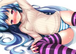 Rule 34 | 1girl, blue hair, blue panties, blush, breasts, cameltoe, crotch seam, long hair, looking at viewer, lying, no pants, on side, original, panties, red eyes, ribbed sweater, simple background, small breasts, smile, solo, striped clothes, striped panties, striped thighhighs, sukesan, sweater, thighhighs, underwear, white background